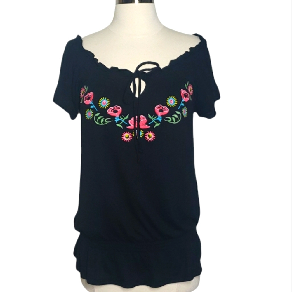 Charlotte Russe Y2k Embroidered Boho Peasant Ruffle Drop Waist Cottagecore